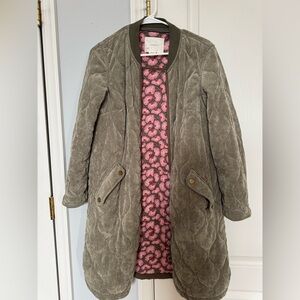 Quilted Olive Green Women's Coat with Pink Printed Lining
